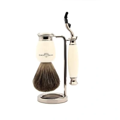 Afbeelding van Edwin Jagger S81M587AMZ Klassieke Scheerset Van Imitatie Ivoor En Nikkel Met Pure Dassen Scheerkwast Mach 3 Scheermes Voor Scheercrème Of Zeep Mannen