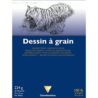 Afbeelding van Clairefontaine Ref 96025C Witkorrelig tekenpapier gelijmd pad (20 vellen) 24 x 32 cm formaat, 224 g/m² papier, wit &amp; korrelig tekenpapier, zuurvrij, pH neutraal