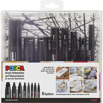 Afbeelding van Faber Castell uni ball 186804 POSCA marker puntenset, zwart, set van 8 met alle puntvarianten