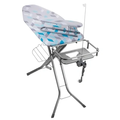 Afbeelding van KADAX strijkplank met stopcontact, 130 x 48 cm, stoomstrijkplank strijkijzerplank en mouwstrijktafel, inklapbare stoomstrijkijzerstation (blauw)