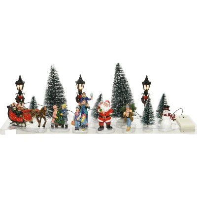 Afbeelding van 16x stuks Led Kerstdorp accessoires figuurtjes/poppetjes en kerstboompje 15 cm onderdelen kerstversiering