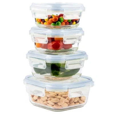 Afbeelding van Home Fleek Glazen Vershoudbakjes, Vierkant Meal Prep Food Container Met Deksel Ruimtebesparende Voedselopslag Voor Magnetron En Vriezer Containers (Set 4, Blauw)
