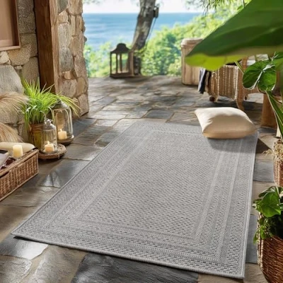 Afbeelding van SIMPEX Buiten Vloerkleed grijs 80x150 cm, weerbestendig en UV bestendig, ideaal voor de keuken, balkon, terras, evenals woonkamer eetkamer, Effen design met rand