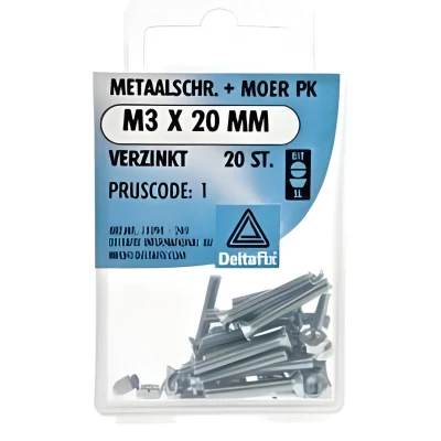 Afbeelding van Deltafix Metaalschroef verzinkt PK + Moer M3 x 20 mm stuks