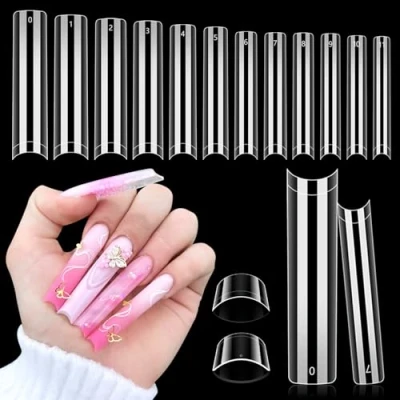 Afbeelding van 504 Stuks Extra Lange XXXL C Curve Nagelpunten, u Curven Transparante Acryl Nagelpunten 12 Maten Halve Afdekking, Kunstnageltips Voor Doe Het Zelf Nagelkunst