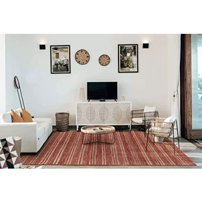 Afbeelding van HAMID Wol en jute tapijt Olivia, handgeweven wollen voor woonkamer, slaapkamer, natuurlijke kleur rood, 120 x 170 cm
