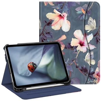 Afbeelding van FINTIE Hoesje compatibel met iPad 10e generatie (2022) 10,9 inch, beschermende standaard meerdere kijkhoeken potloodhouder en zak, automatisch slapen/waken, bloeiende hibiscus