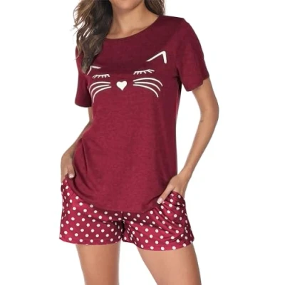 Afbeelding van Reliwel pyjama voor dames, kort, tweedelige pyjama&#039;s zomerpyjama van katoen met schattige kat, shorts alle seizoenen, Wijn rood, S