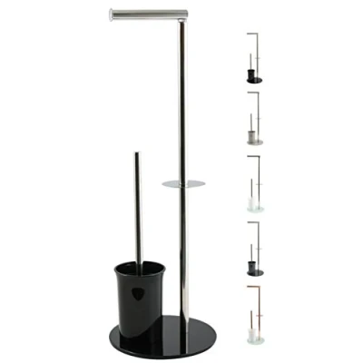 Afbeelding van MSV Bergamo staande wc garnituur, borstel, rolhouder, toiletborstel, rolhouder van roestvrij staal en glas, zwart, 3 in 1