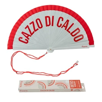 Afbeelding van Fisura Originele waaier met tekst “c*zzo di caldo. Houten omkeerbaar model in rood en wit. Ideaal voor warme dagen. Inclusief hanger. 42,5 x 23 centimeters.