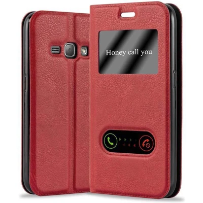 Afbeelding van Cadorabo Hoesje geschikt voor Samsung Galaxy J1 2015 in SAFRAN ROOD Beschermhoes met magnetische sluiting, standfunctie en 2 kijkvensters Book Case Cover Etui