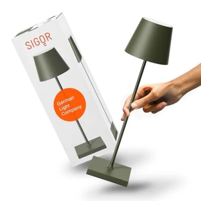 Afbeelding van SIGOR Nuindie dimbare led tafellamp op batterijen voor binnen en buiten, IP54 spatwaterdicht, hoogte 38 cm, oplaadbaar met USB C, 12 uur lichtduur, donkerbeige