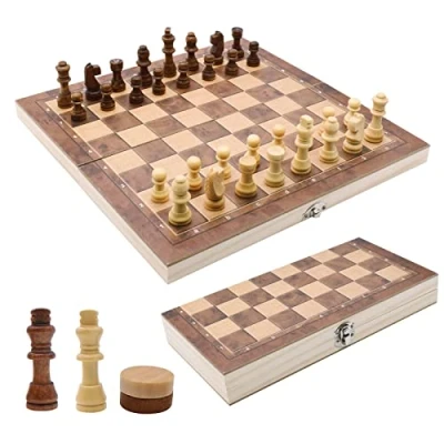 Afbeelding van Schaakspel Van Hout, Hoogwaardig, 3 in 1 Schaakbord, Draagbaar Houten Inklapbaar, Afsluitbare Koffer, Schaakset Voor Feestjes, Familie, Activiteiten, Reisschaakspel Kinderen