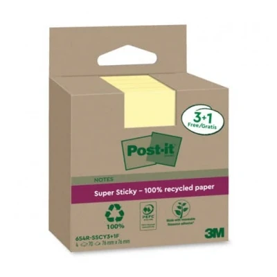 Afbeelding van Post it Super Sticky Notes Recycled, 70 vel, ft 76 x mm, geel, 3 + 1 GRATIS memoblok
