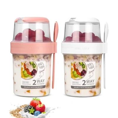 Afbeelding van 2 stuks mueslibekers to go, yoghurtbekers voor onderweg met lepel, yoghurt dubbellaagse lekvrije yoghurtbeker, slabeker, mueslibeker werk, school, reizen (310 ml + 560 ml)