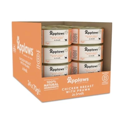 Afbeelding van Applaws 100% natuurlijk natvoer voor volwassen katten, kippenborst met garnalen in bouillon, 24 x 70 g blikjes
