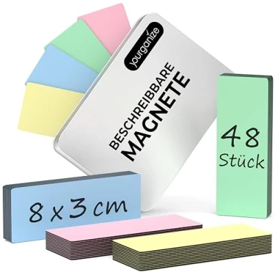 Afbeelding van YOURGANIZE® 48 beschrijfbare magneetstrips, 8 x 3 cm, 4 kleuren, herschrijfbare magneten voor koelkast, whiteboard, scrum &amp; kanban