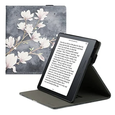 Afbeelding van kwmobile e reader hoesje compatibel met Amazon Kindle Oasis 10. Generation Kunstleren ereader cover stand Magnolia in taupe/wit/blauwgrijs