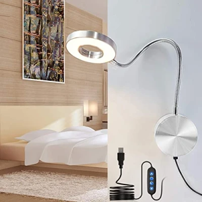 Afbeelding van LANMOU Leeslamp, wandmontage, wandlamp met schakelaar, dimbaar, 5 W, led, zwanenhals, lamp, zilver, bedwandlamp kabel, USB, 420 lumen, slaapkamer, bedlamp, aluminium wandleeslamp