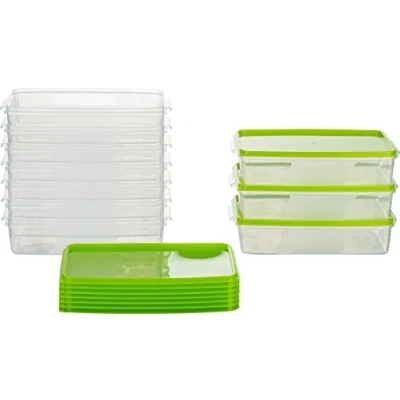 Afbeelding van MiraHome Vershouddoos, vriesdoos, rechthoekig, plat, 21 x 14 5,5 cm, inhoud 1 liter, set van 10 met groene deksels, kwaliteit uit Oostenrijk