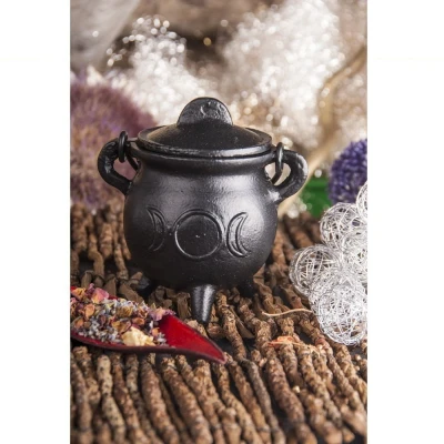 Afbeelding van Rookschaal gietijzeren heksenketel *Cauldron* Witchcraft halve maan zon wierookvat