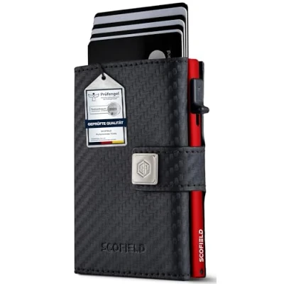Afbeelding van SF SCOFIELD Trinity Slim Wallet met muntvak, premium creditcardhouder voor heren, 10 12 kaarten, RFID bescherming, portemonnee mannen, smart wallet, Carbon Fire Red, S Münzfach, Modern