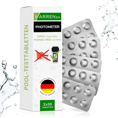Afbeelding van harren24 fotometer testtabletten vrij chloor DPD1, pH waarde Phenol Red zwambadwatertester, zwembadtabletten voor wateranalyse, reagentia, geschikt Poollab, 60x, 100x, 200x (2x30 tabletten)