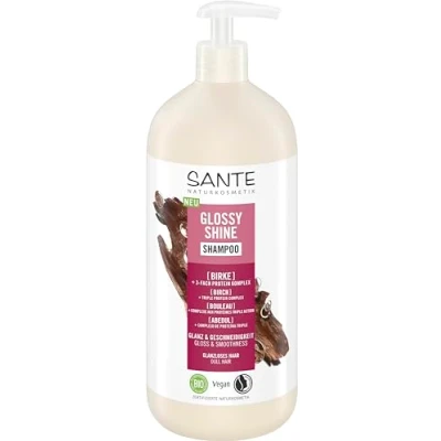 Afbeelding van SANTE Naturkosmetik Glossy Shine Shampoo Biologisch berkenbladextract + 3 voudig proteïnecomplex, veganistische en hydraterende haarverzorging voor meer glans soepelheid, met zachte kokosgeur, 950