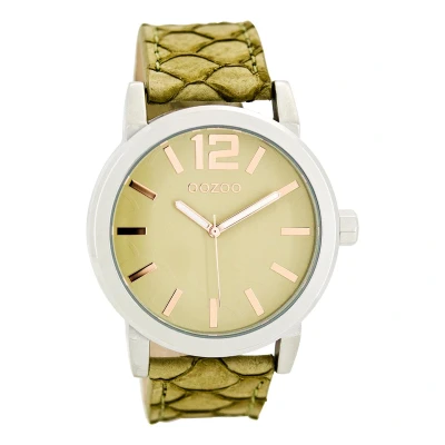 Afbeelding van OOZOO Timepieces Zilverkleurige horloge met zand/licht groene leren band C7995