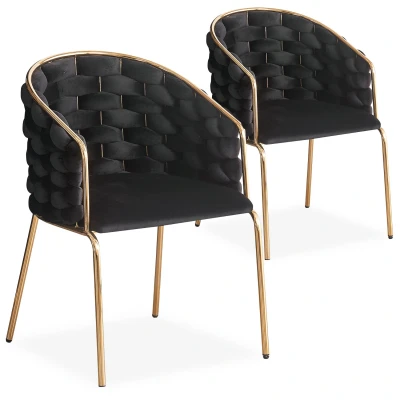 Afbeelding van Set van 2 designstoelen met afgeronde netruggen in zwart fluweel tricotaan en goudkleurig metaal Menzzo