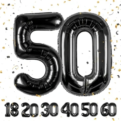 Afbeelding van Ballonnen voor 50e verjaardag Noir 101 cm ballon cijfer 50 opblaasbaar uit folie Decoratie van een man vrouw vliegt met helium