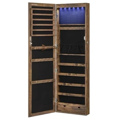 Afbeelding van SONGMICS sieradenkast opknoping, afsluitbare spiegelkast, wandkast met spiegel en talrijke vakken, wandmontage, opknoping aan de deur, voor kettingen, oorbellen, vintage, donkerbruin JJC93CB