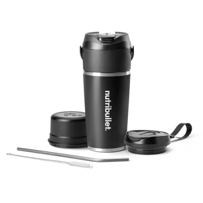 Afbeelding van Nutribullet Flip draagbare blender, 590 ml geïsoleerde beker, houdt 24 uur koud, motor om ijs te mengen, multifunctionele USB C oplader, mengen en nippen, alles in één zwart, NBP016B
