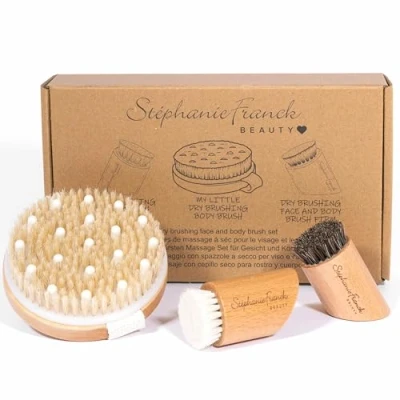 Afbeelding van Stephanie Franck Beauty Dry Brushing Body &amp; Face Brushes borstelset voor droge lichaamsmassage (stevig) en gezicht (1 x stevig 1 zacht) van natuurlijke haren hout