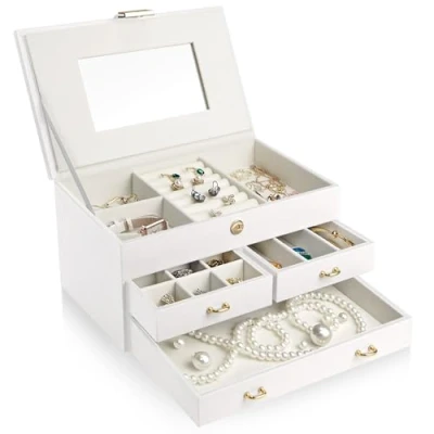 Afbeelding van ADEL DREAM Sieradendoos, 3 verdiepingen sieradendoosje met roségouden gesp, sieradenopslag van PU leer, zacht fluweel, cadeau voor je dierbaren en vrienden (Bianco 11 3)
