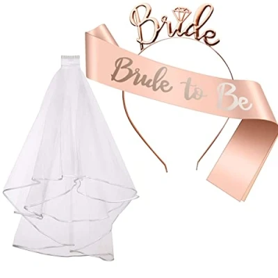 Afbeelding van 3 stuks decoratieve accessoires voor het vrijgezellenfeest, sjerp, witte sluier met kam, dameskroon, haarband bruid, teambruid, bruidsdouche, accessoire vrijgezellenfeest
