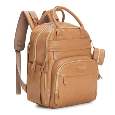 Afbeelding van BabbleRoo luierrugzak, luiertas, casual multifunctioneel, grote capaciteit, babytas, reisrugzak met aankleedkussen en speenhouder, Veganistisch leer lichtbruin, Kunstleder