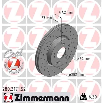 Afbeelding van ZIMMERMANN Remschijf HONDA: CIVIC 8 Hatchback, 8, FR V SPORT COAT Z 282mm 23mm 9/5 5 gat 114mm interne ventilatie, Geperforeerd Gecoat