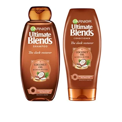 Afbeelding van Garnier Ultimate Blends Shampoo en verzorgende spoeling set, stijlvolle opbouw met kokosolie cacaoboter voor elegant, glad kroesvrij haar, 360 ml