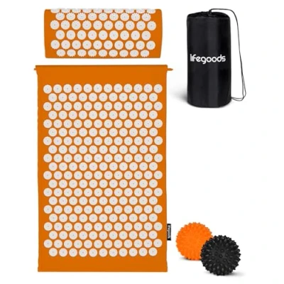 Afbeelding van LifeGoods Acupressuur Mat met Kussen, 2x Triggerpoint Massage Ballen en Draagtas Spijkermat voor Ontspanning Pijnverlichting Acupunctuur Set Lotus Shakti Oranje &amp; Wit