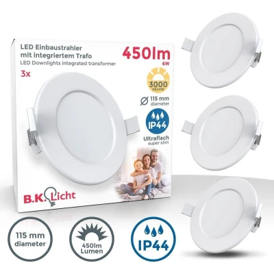 Afbeelding van B.K.Licht inbouwspots badkamer LED witte 3 stuks spotjes inbouw ronde IP44 Ø11.5cm 3.000 Kelvin 450 Lm 6W