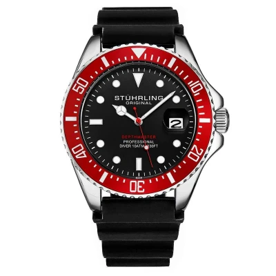 Afbeelding van Stührling Pelagos 3950R Quartz 42mm Duikhorloge Zwarte Wijzerplaat / Zilveren Kast Rubberen Band Tang Gesp 2 10 ATM Waterbestendigheid