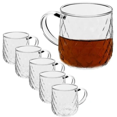 Afbeelding van KADAX Theeglazen 350 ml, 6 stuks, glazen met handvat, vaatwasmachinebestendig, drinkglazen voor koffie, thee, water, sap, drank, tuin, sapglazen, waterglazen, glazenset, kopjes