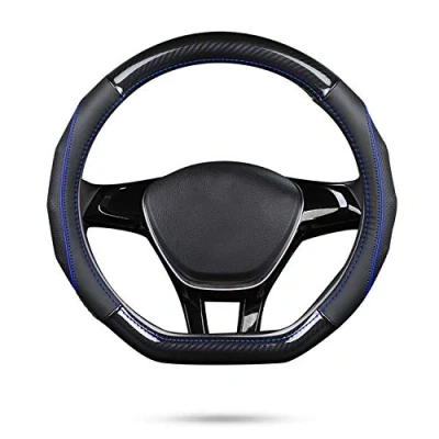 Afbeelding van Ergocar Auto Stuurhoes Antislip Stuurwiel Protector Sport D vorm Koolstofvezel &amp; Eerste Laag Koeienhuid Universeel Voor Diameter 38cm (15&quot;) (D Zwart Blauw)