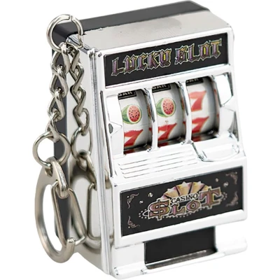 Afbeelding van Fruitmachine Sleutelhanger I Slotmachine Gokkast / Speelautomaat Gokautomaat Met Werkende Draaiende Wielen Zilver