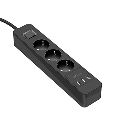 Afbeelding van KabelDirekt 3 voudige stekkerdoos, meervoudige &amp; TÜV gecertificeerde stekkerdoos met overspanningsbeveiliging en USB oplader (max. 4.000 W/250 V/16 A, verhoogde aanraakbeveiliging, zwart)