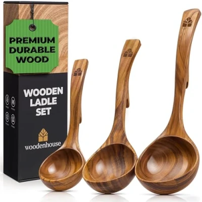 Afbeelding van Houten soeplepelset klein en groot, kooklepel soeplepel schep lepel saus set van 3 keukenaccessoires hoogwaardig duurzaam