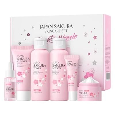 Afbeelding van LAIKOU Huidverzorgingsset, Sakura Huidverzorgingssets &amp; kits Reinigingsmiddel, Toner, Lotion, Serum, Oogcrème, Gezichtscrème, Reisset Voor Vrouwen Moeder Dochter TSA vriendelijke Maten 6 stuks