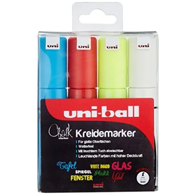 Afbeelding van UNI Ball 186404 Raam en krijtmarker CHALK PWE 8K, 8 mm, wedge tip, set van 4, assorti