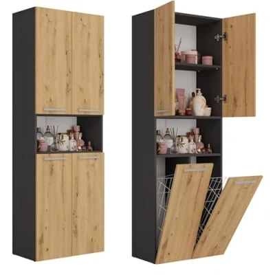 Afbeelding van BDW Badkamerkast, 2 wasmand, deuren 174 x 60 30 cm onderkast, wastafelonderkast, hoge kast, badkamermeubel, badkamerrek (antraciet/artisan eiken)